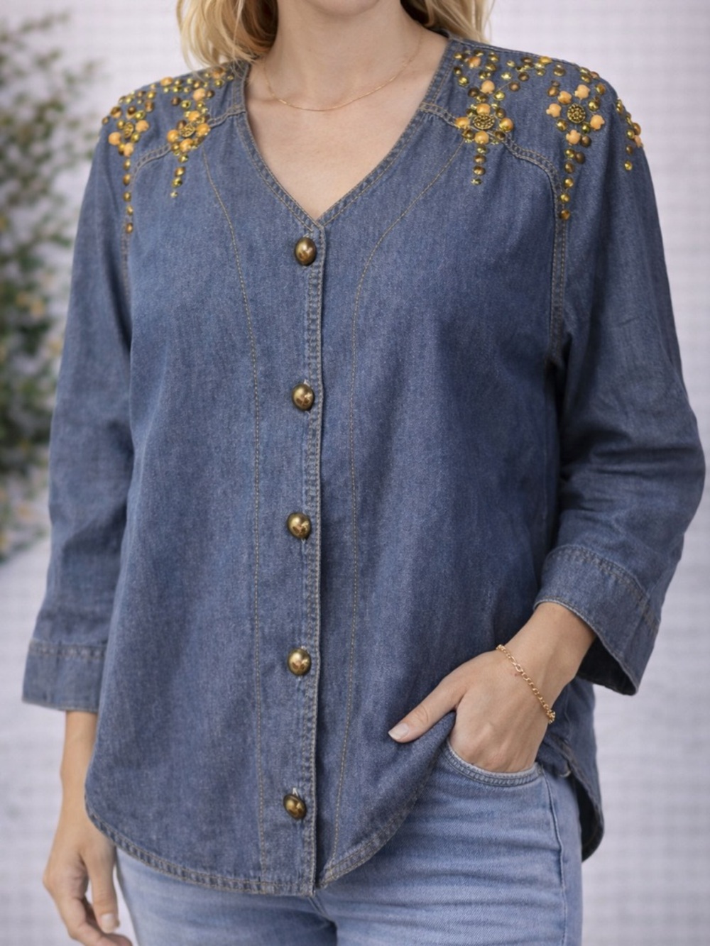Vintage 90s Blue and Gold Embellished 3/4 Sleeve Button Down Shirt